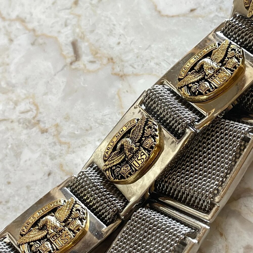 Men's NOS Vintage Silver Statement Metal Mesh Belt with Gold Hardware 1980s